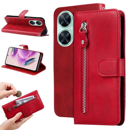 Red leather wallet phone case with vertical zipper pocket and front strap