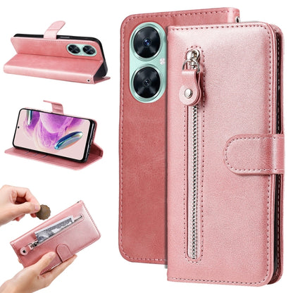 Rose gold leather phone case with vertical zipper pocket and front strap