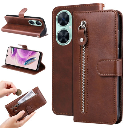 Brown leather phone case with textured finish, zippered pocket, flip stand