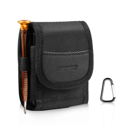 Black nylon flip phone belt-clip pouch with front flap and snap closure