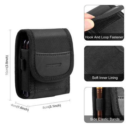 Black textured nylon phone pouch with front flap and side elastic support bands