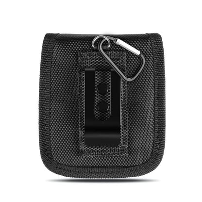 Black nylon phone pouch with top carabiner loop and belt-clip back panel