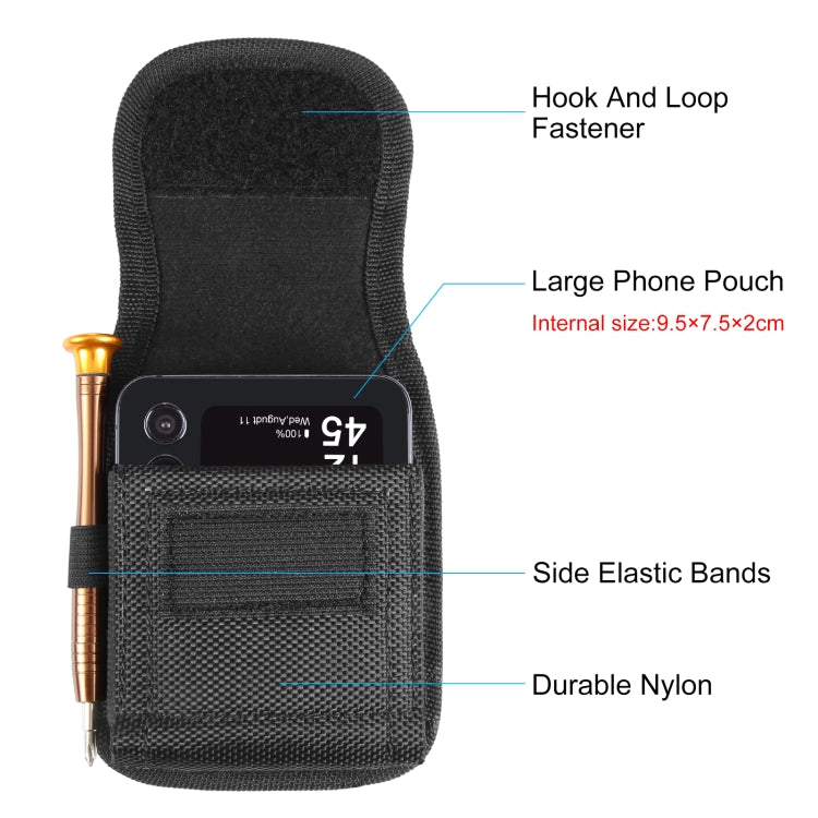 Black flip phone pouch with hook-and-loop flap and side elastic bands