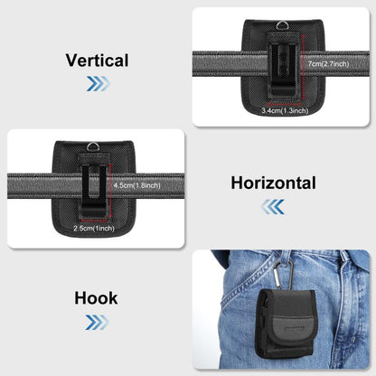 Black nylon phone pouch with belt clip and adjustable vertical or horizontal placement