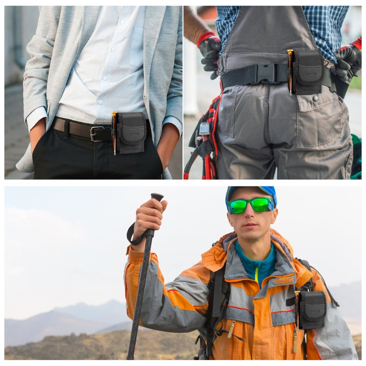 Black nylon phone pouch attached to belt with clip strap for secure carrying