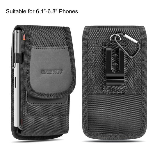 Black vertical phone belt clip pouch with card slot and fabric back pocket
