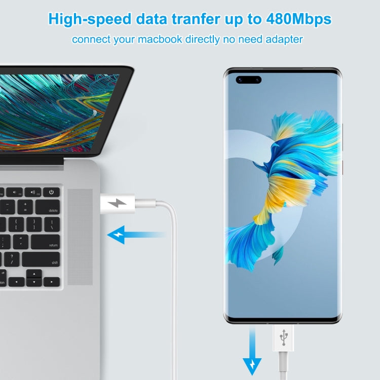 White USB-C to USB-C cable connected to a smartphone, 1 m length.