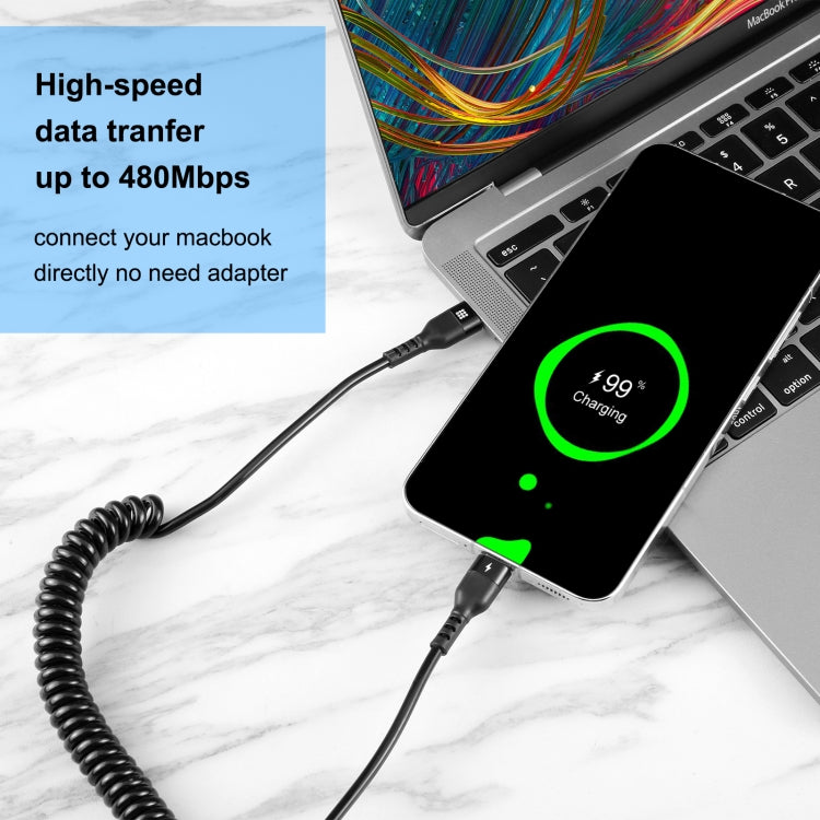 HAWEEL 1.5m 5A USB-C / Type-C to USB-C / Type-C Retractable Coiled PD Fast Charging Cable, 1.5m 5A Type-C