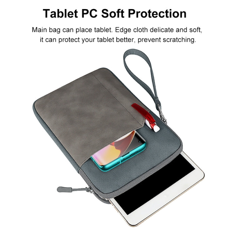 Two-tone grey tablet sleeve pouch with zipper, holding a tablet