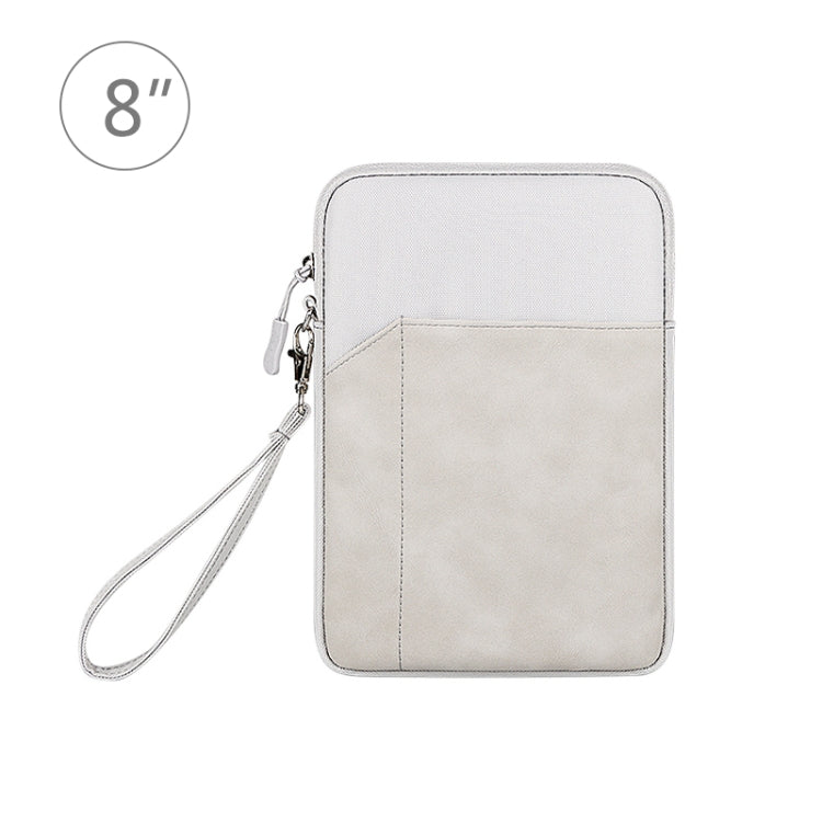 Light grey tablet sleeve pouch with zipper and wrist strap, two-tone front