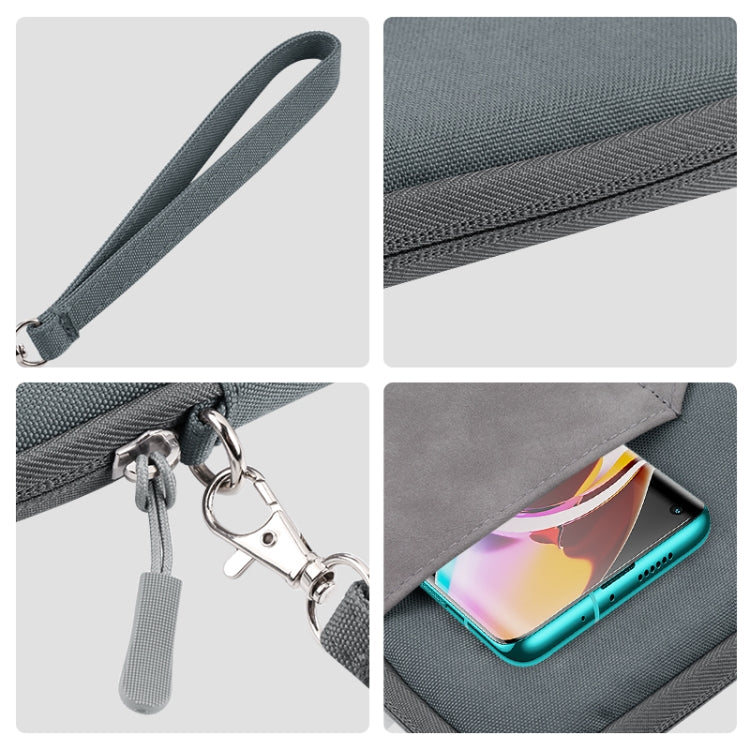 Gray tablet pouch sleeve details: zipper pull, wrist strap, and protective padded interior