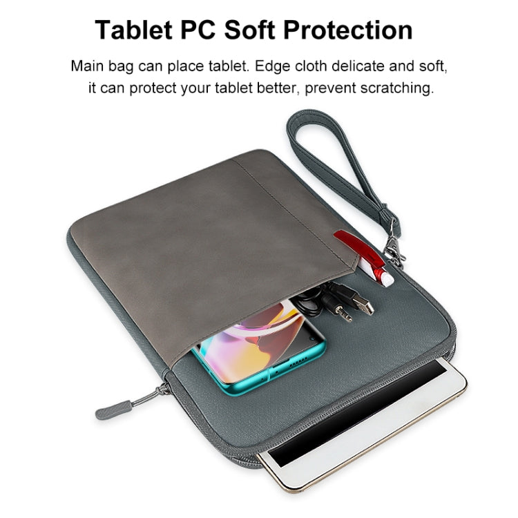 Gray tablet pouch sleeve bag holding a tablet inside, with wrist strap and zip