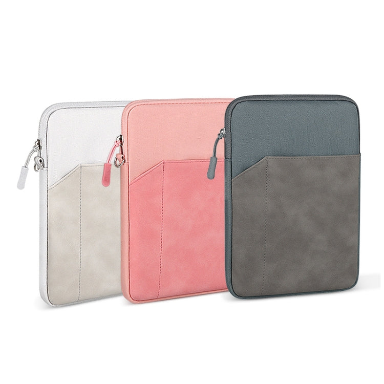 Set of tablet pouch sleeves in light gray, pink, and dark gray with wrist straps