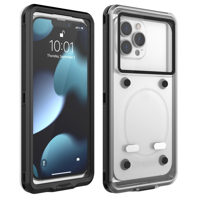 Black waterproof phone case with clear front window and secure latch