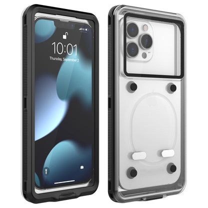 Black waterproof phone case with clear front window and secure latch
