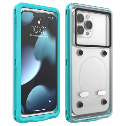Teal waterproof phone case with clear front window and side grip texture