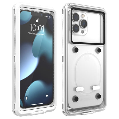 White waterproof phone case with clear front window and camera cutout openings