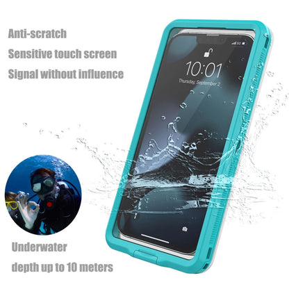 Teal waterproof phone case with clear screen cover and water-splash droplets