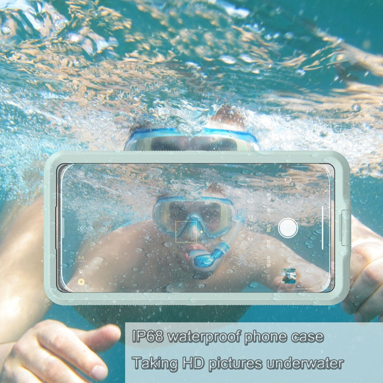 Transparent waterproof phone case with front touch window and water droplets visible