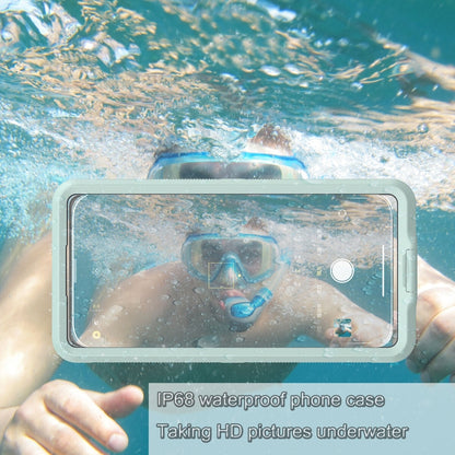 Transparent waterproof phone case with front touch window and water droplets visible