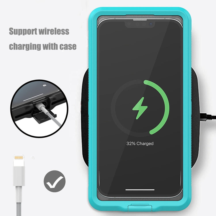 Teal waterproof phone case with clear front window and charging cable access
