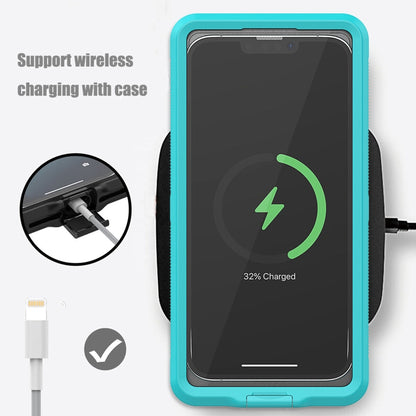 Teal waterproof phone case with clear front window and charging cable access