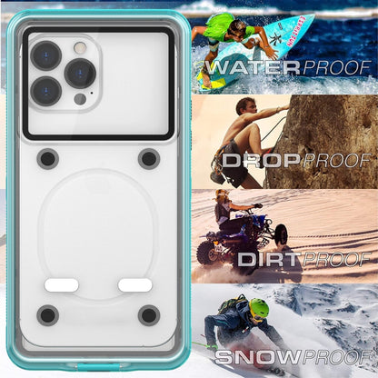 Clear waterproof phone case with white base and turquoise edge, camera cutouts