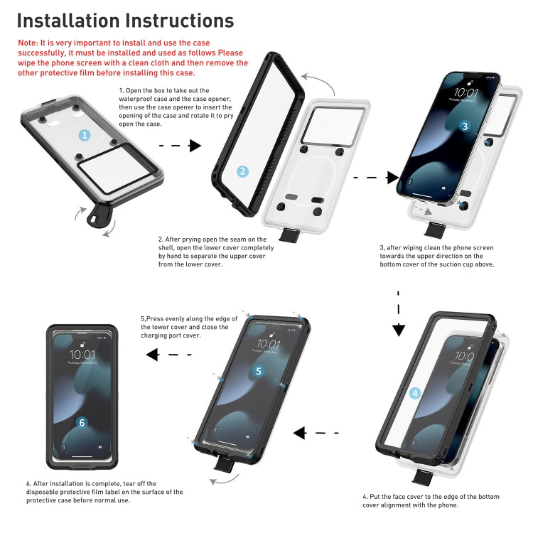 Waterproof phone case kit showing detachable cover and phone insertion steps