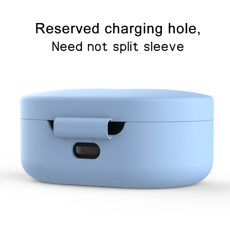 Silicone charging case cover in light blue, side charging port opening