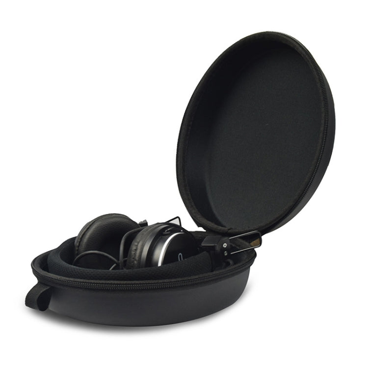Black EVA shockproof headphone storage case, open with padded dual compartments