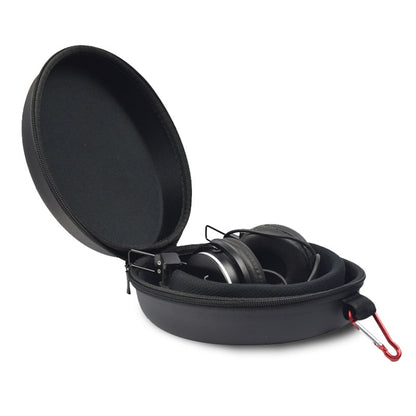 Black EVA headphone storage case with lid open and red-capped zipper pull