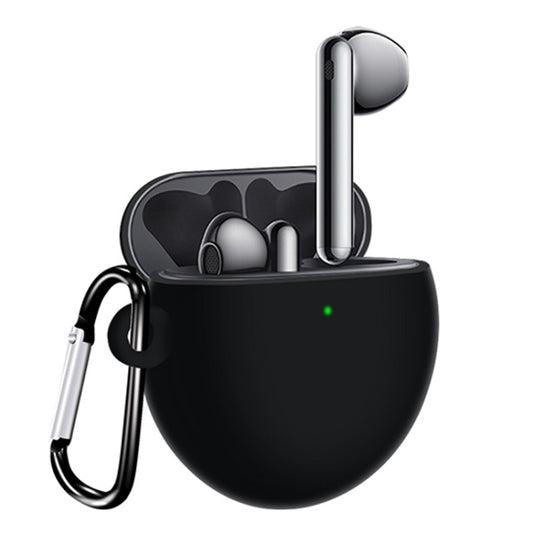 Black silicone wireless earbud protective case with hook, earbuds inside, charging port cutout