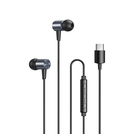 awei TC-2 wired in-ear headphones with USB-C plug, black earbuds and inline remote