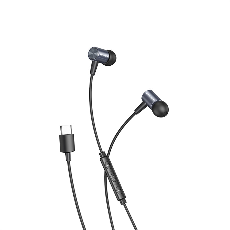 Black wired in-ear headphones with USB-C cable, two earbuds with inline control