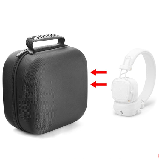 Black zippered headphone storage bag with carry handle, holding white headphones inside