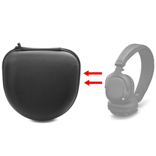 Black molded half-shell headphone storage case with zipper, textured exterior.