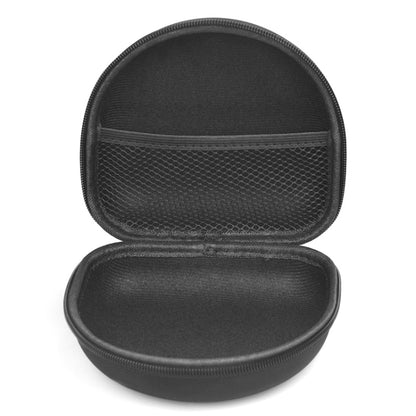 Open black earphone storage case with inner mesh divider and soft lining