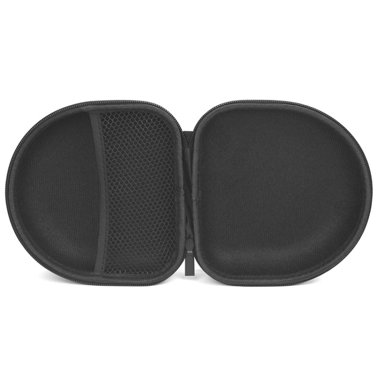 Black zippered earphone case open, showing two molded compartments