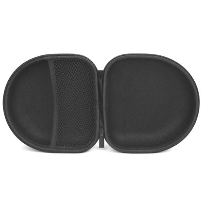 Black zippered earphone case open, showing two molded compartments