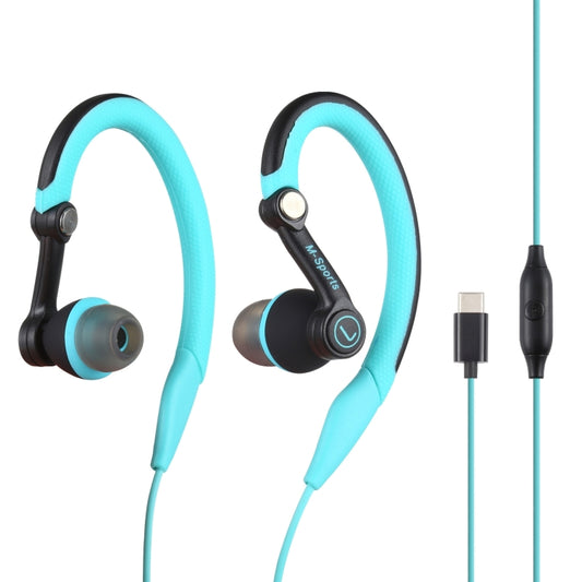 Wired in-ear sport earhook headphones with turquoise earphones and cable