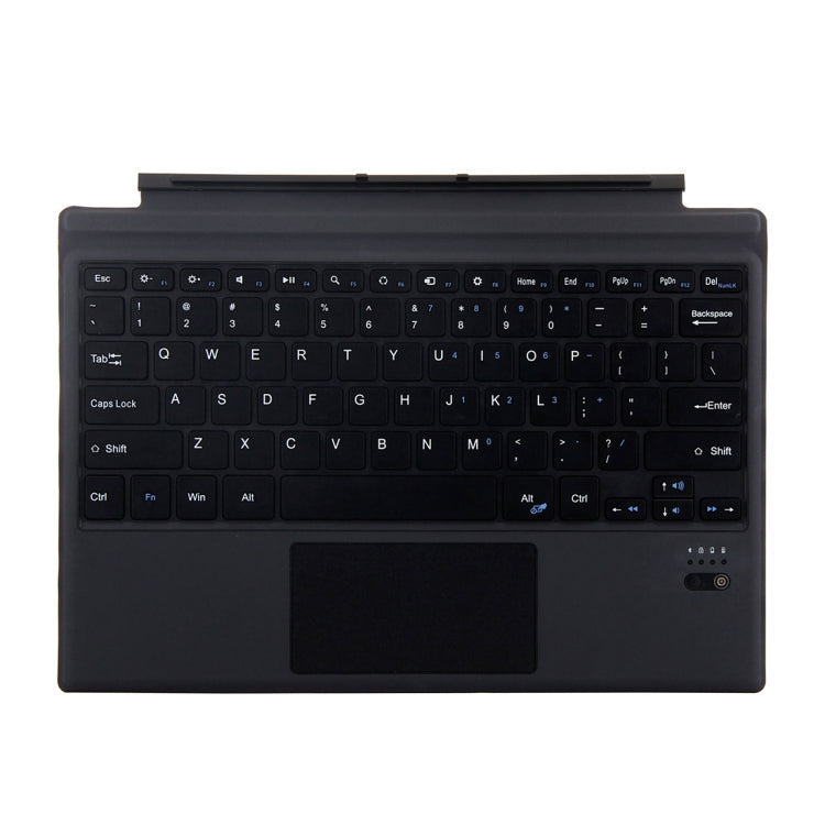 Black Bluetooth keyboard with full-size keys and trackpad attached to tablet case