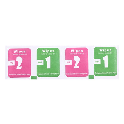 Screen cleaning wipe strips labeled Wipes, Dry 2 and Wet 1