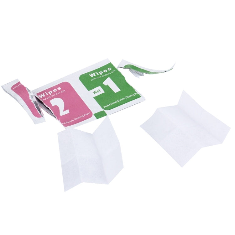 Loose screen cleaning wipe packets showing Dry 2 and Wet 1 sheets