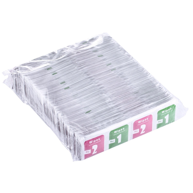Wrapped bundle of 100 screen cleaning wipes for protectors, dry and wet sheets