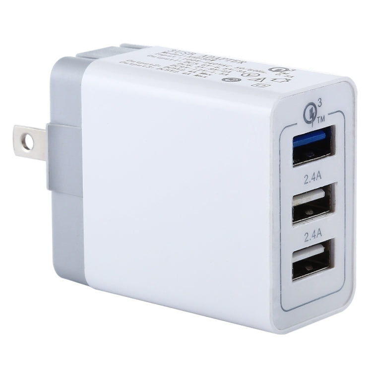 White USB wall charger with US plug and two ports, 2.4A each