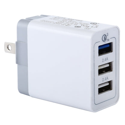 White USB wall charger with US plug and two ports, 2.4A each