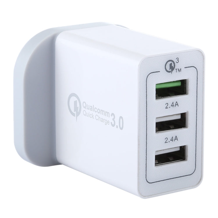 UK plug wall charger, white, Qualcomm Quick Charge 3.0, two 2.4A USB ports