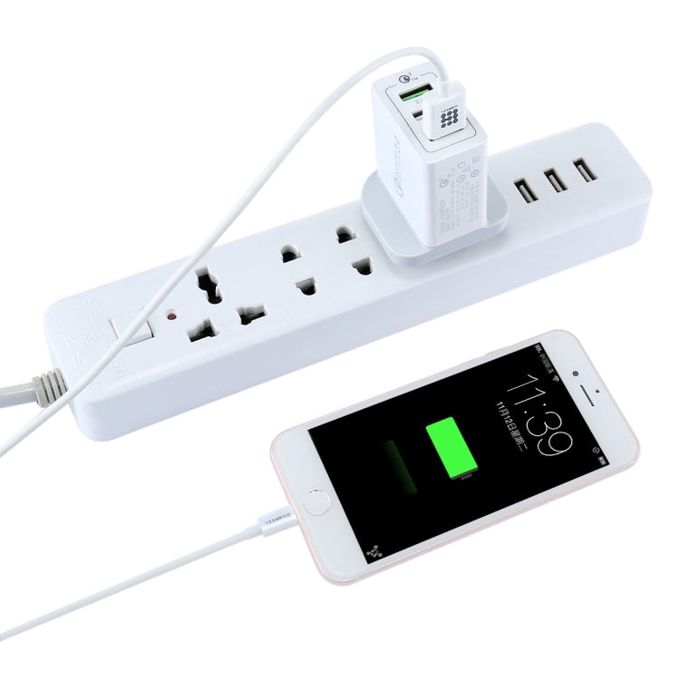 UK plug wall charger connected to power strip, smartphone charging via dual USB ports