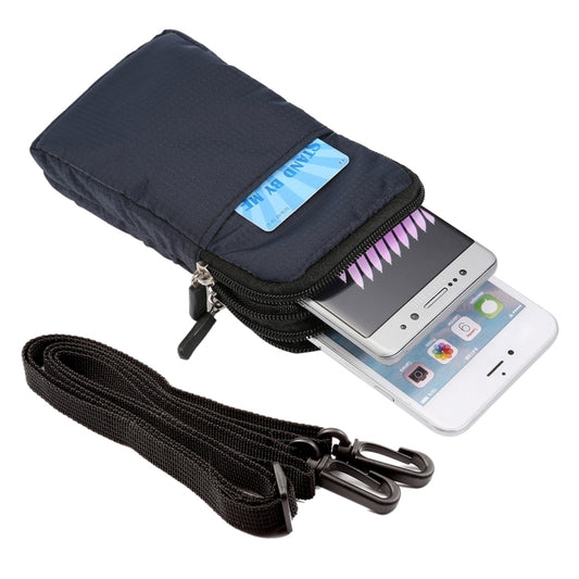 Double-layer zip phone pouch bag, dark blue with webbing strap and carabiner clip