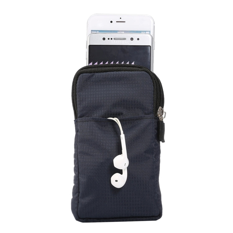 Double-layer zip phone pouch bag, dark blue open top pocket with white drawstring pull